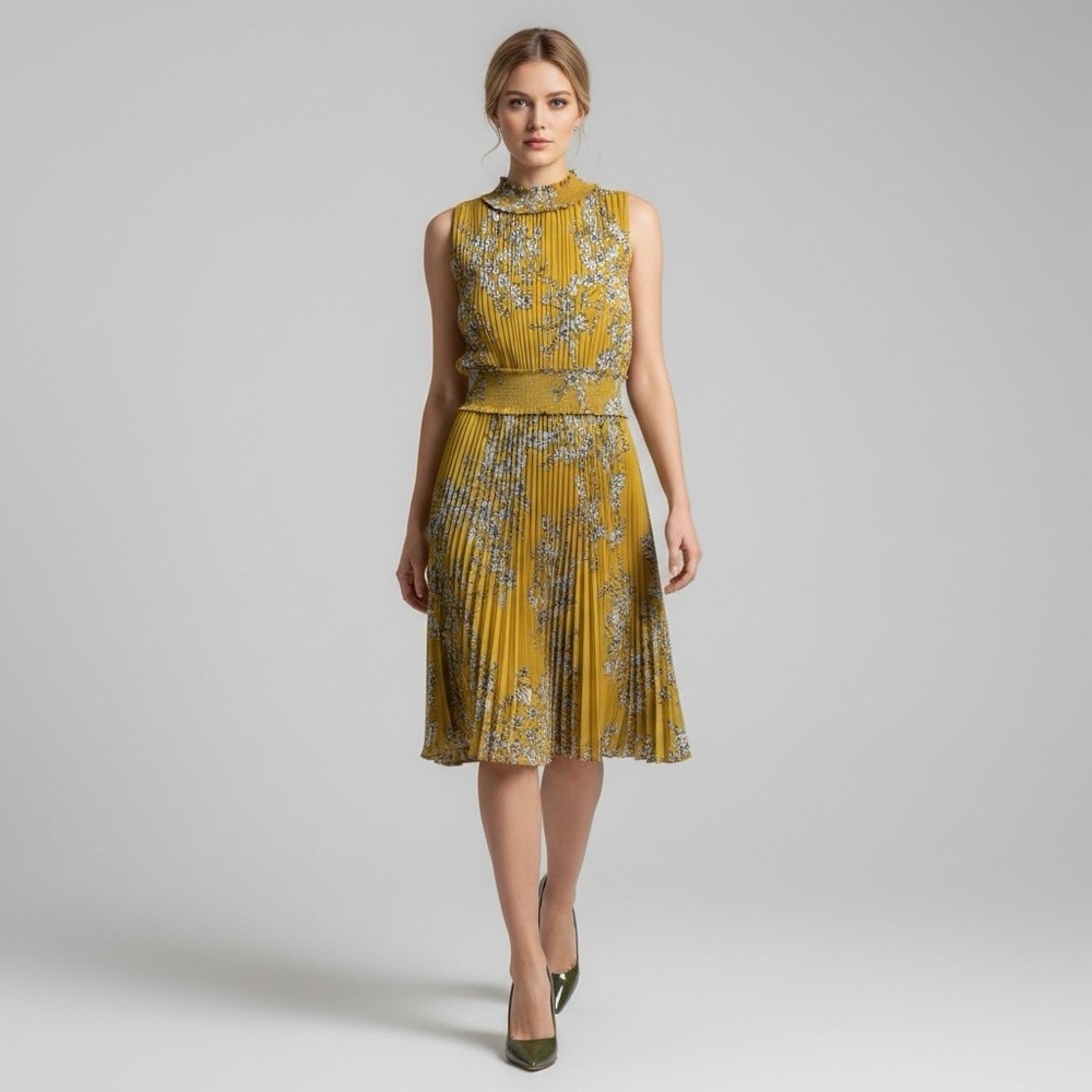 Nanette Lepore Smocked High Neck Pleated Golden Cypress Chiffon Fit Dress 14